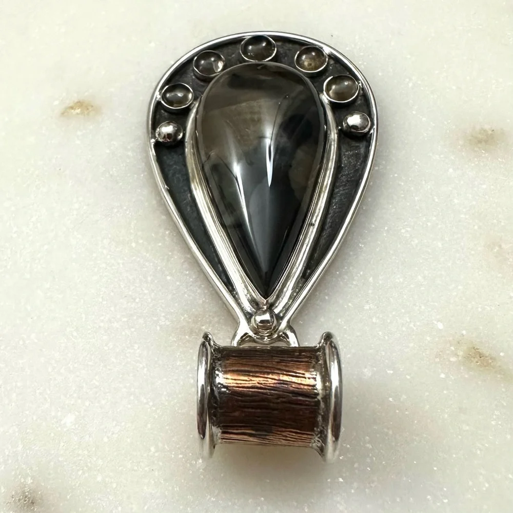 Jay King Sterling Silver & Copper Teardrop Agate with Smokey Quartz Pendant